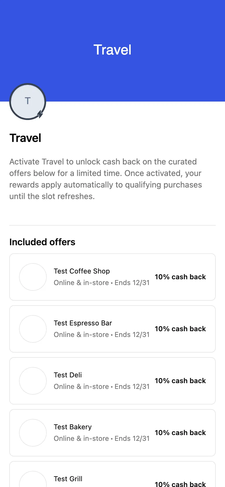 Placement slot details page for a Travel slot, showing activation copy and the list of included offers
