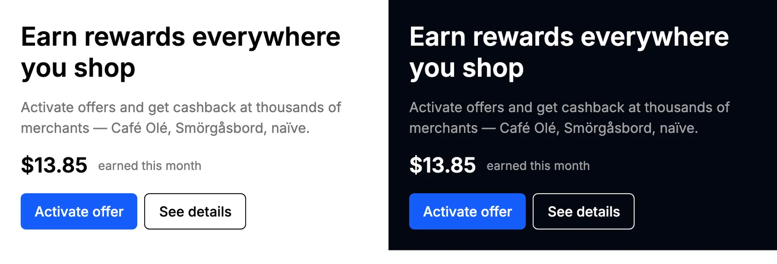 Kard WebView UI rendered in Inter, shown in light and dark mode side by side