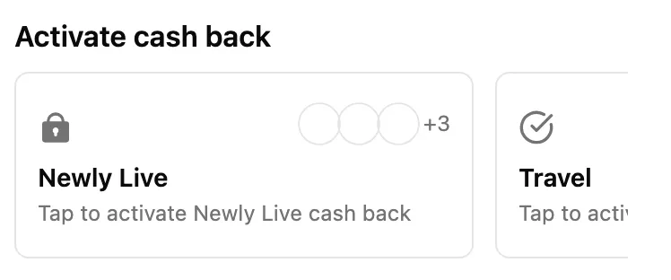 Batch activation carousel: a locked Newly Live slot reading tap to activate with three offer logos and a +3 count, next to an already-activated Travel slot