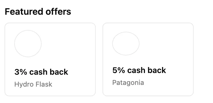 Featured offers carousel: two offer cards showing 3% cash back at Hydro Flask and 5% cash back at Patagonia